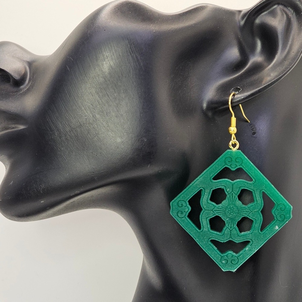 Jumbo Jade Tile Tiki Earrings Dark Green Shimmery Retro Statement Diamond Dangle
